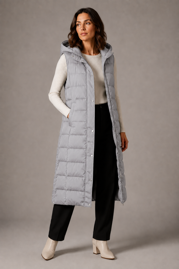 Gilet long pour femme à capuche pour l'automne, veste chaude sans manches