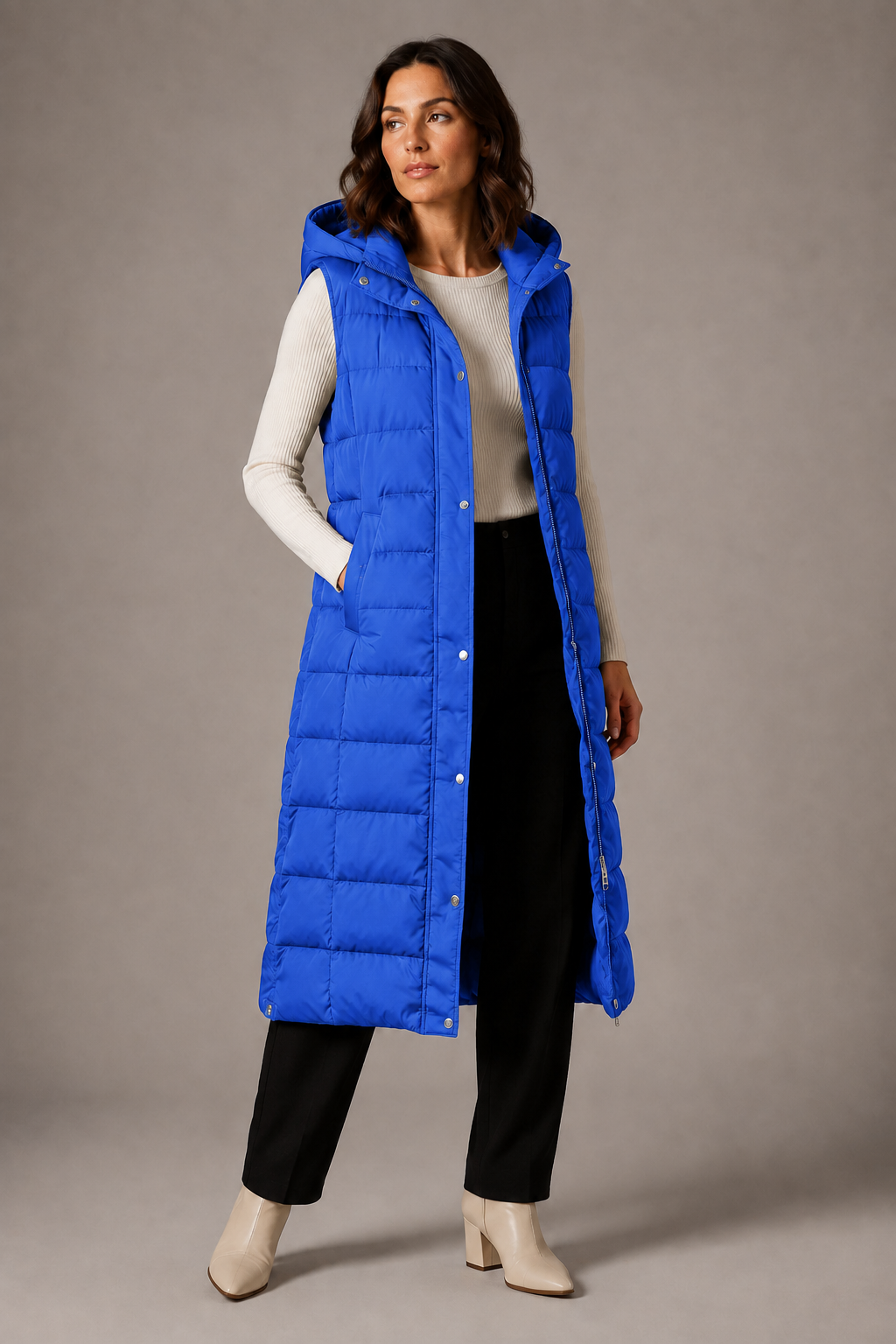 Gilet long pour femme à capuche pour l'automne, veste chaude sans manches