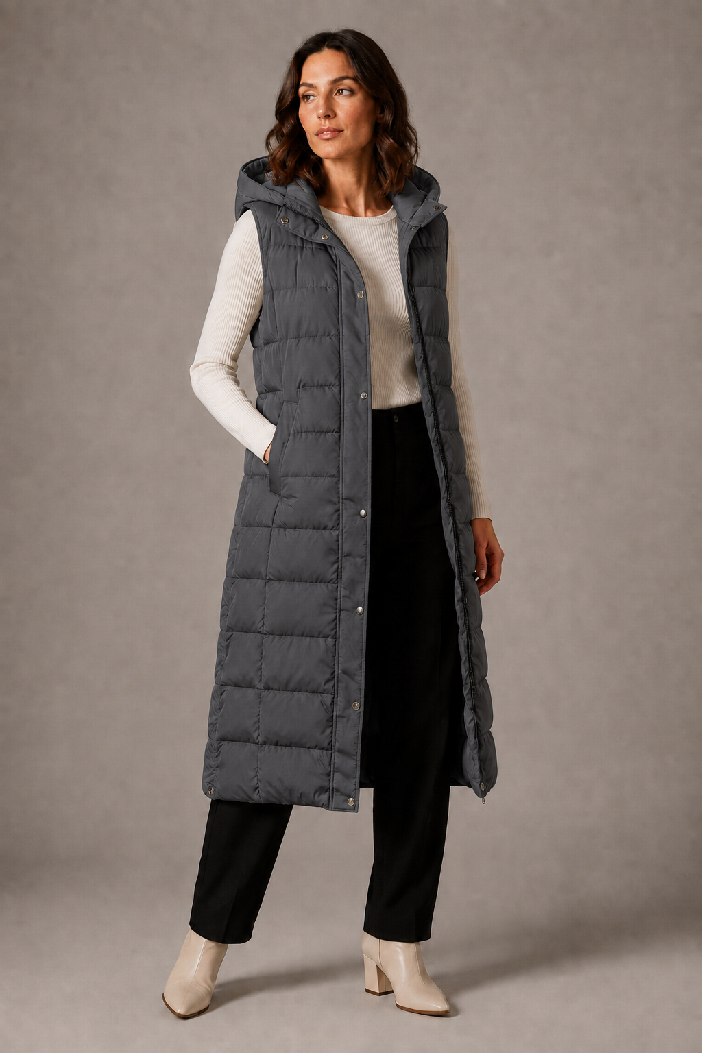 Gilet long pour femme à capuche pour l'automne, veste chaude sans manches