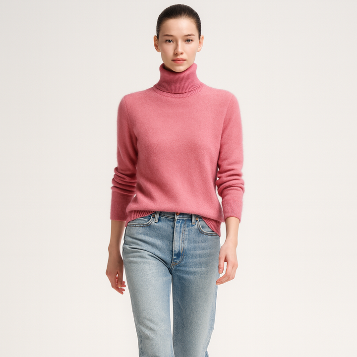 Pulover de damă din lână merinos, cu guler înalt, mâneci lungi și croială cambrată, pentru toamnă