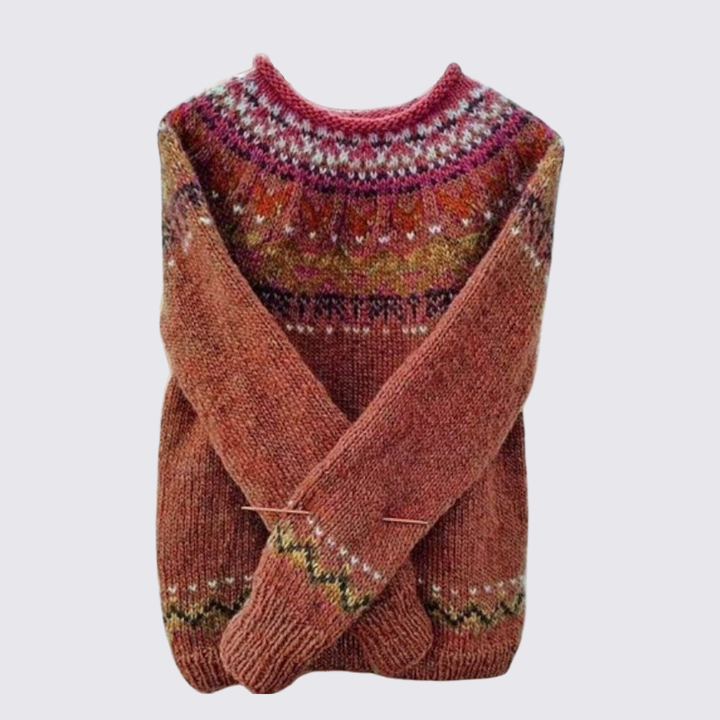 Pull femme en laine à col rond motif Fair Isle pour automne et hiver