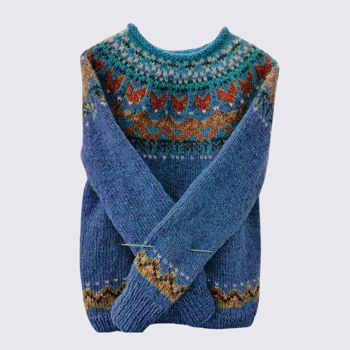 Pull femme en laine à col rond motif Fair Isle pour automne et hiver