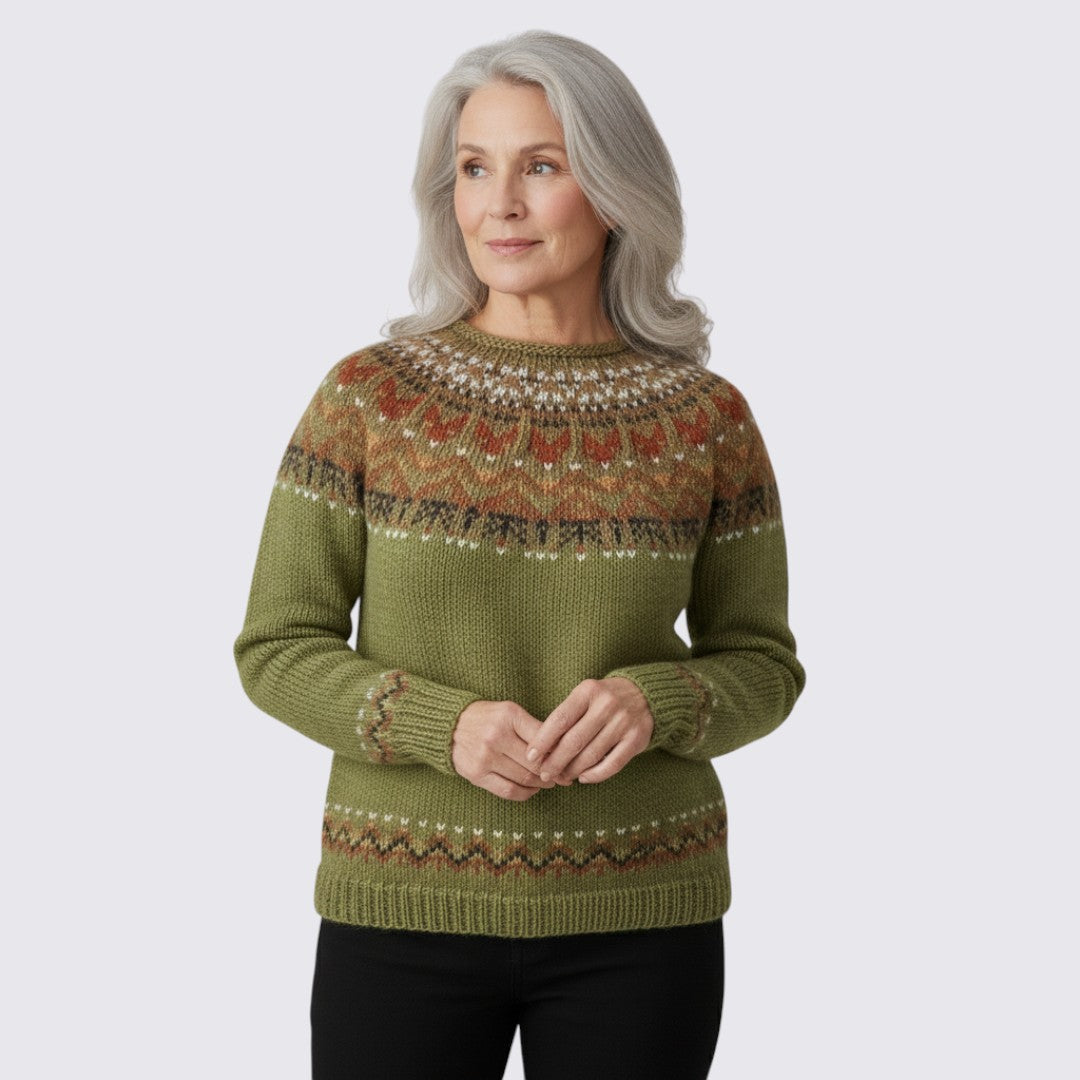 Pull femme en laine à col rond motif Fair Isle pour automne et hiver