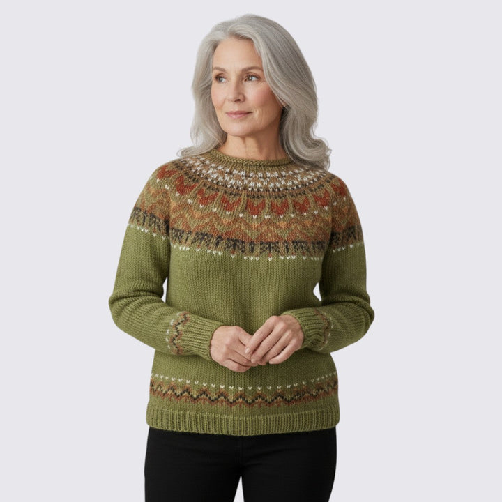 Pull femme en laine à col rond motif Fair Isle pour automne et hiver