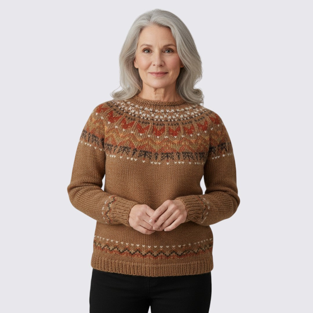 Pull femme en laine à col rond motif Fair Isle pour automne et hiver
