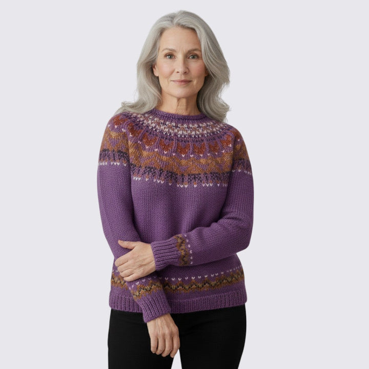Pull femme en laine à col rond motif Fair Isle pour automne et hiver