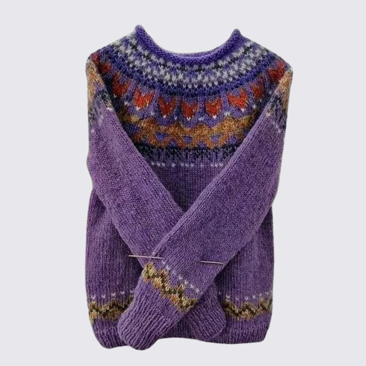 Pull femme en laine à col rond motif Fair Isle pour automne et hiver