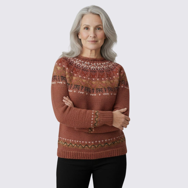 Pull femme en laine à col rond motif Fair Isle pour automne et hiver