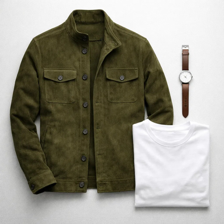 Giacca militare casual da uomo in pelle scamosciata, ideale per l’autunno