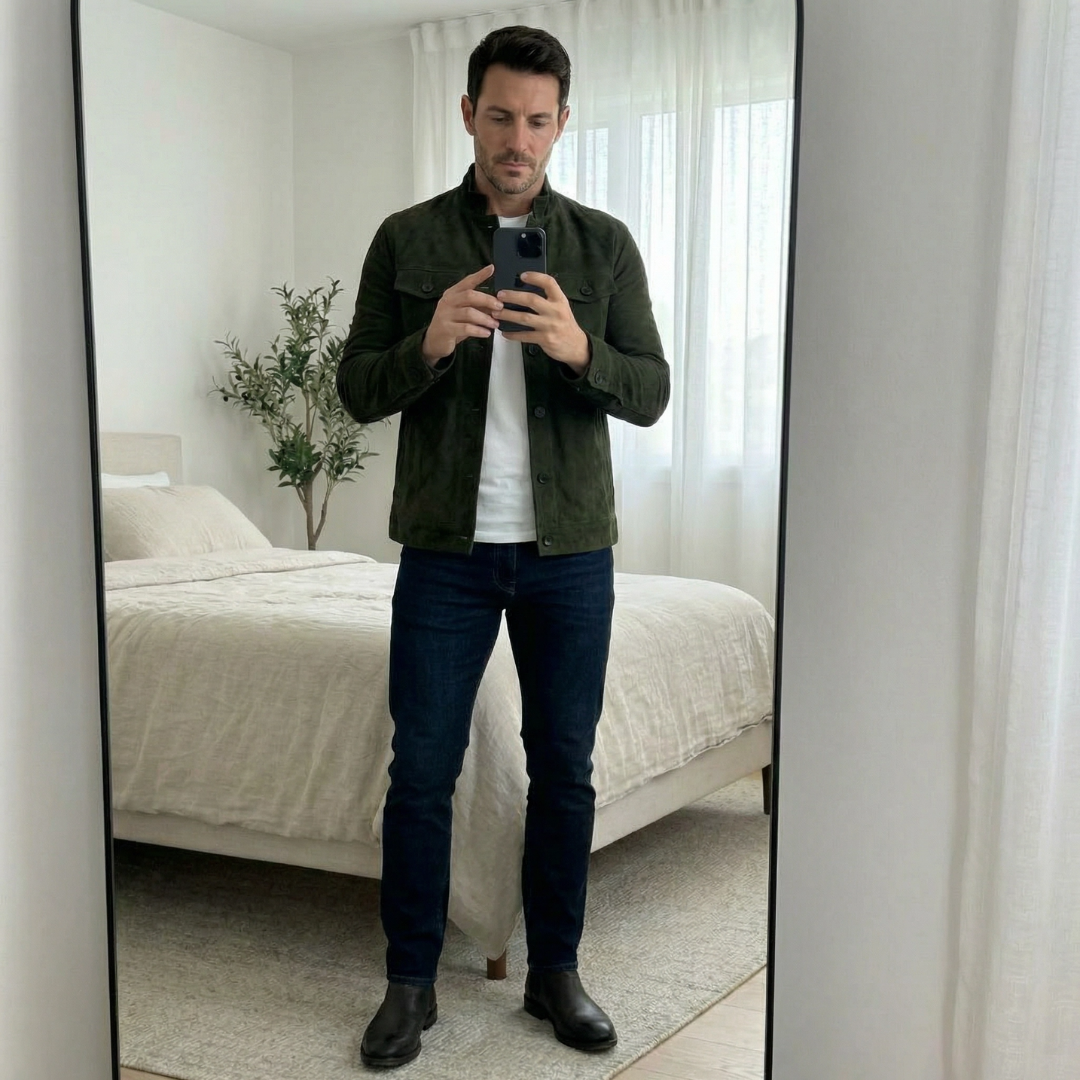 Giacca militare casual da uomo in pelle scamosciata, ideale per l’autunno