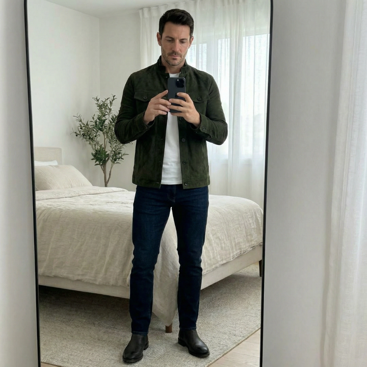 Giacca militare casual da uomo in pelle scamosciata, ideale per l’autunno