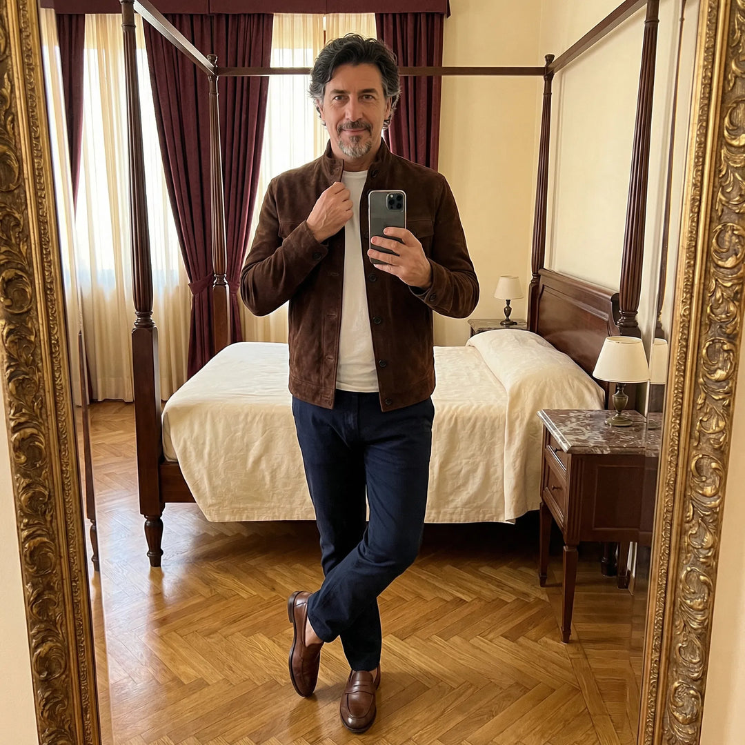 Giacca militare casual da uomo in pelle scamosciata, ideale per l’autunno