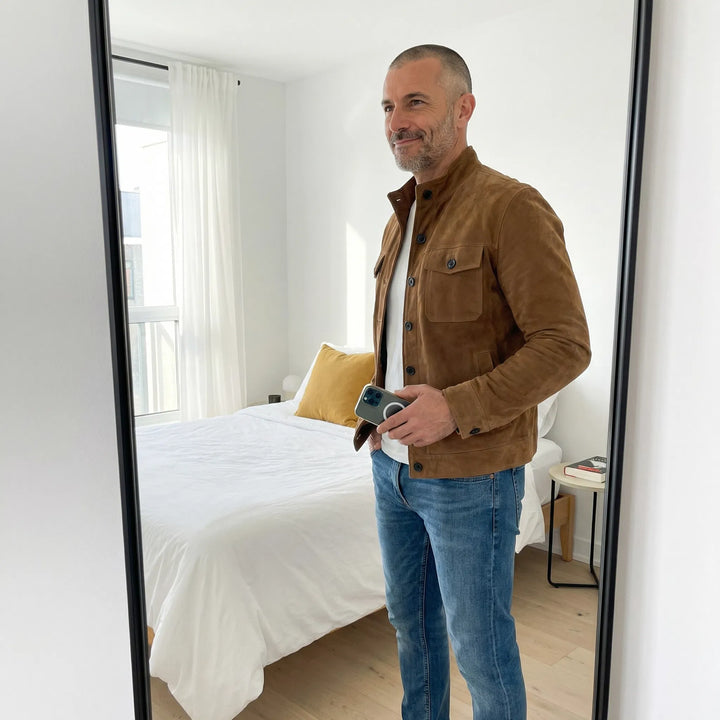 Giacca militare casual da uomo in pelle scamosciata, ideale per l’autunno