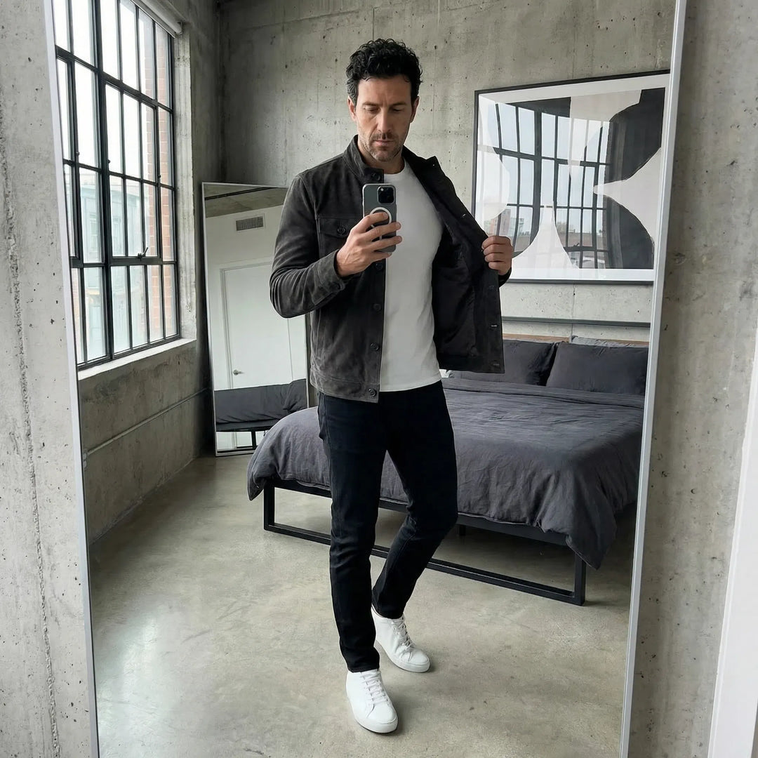 Giacca militare casual da uomo in pelle scamosciata, ideale per l’autunno