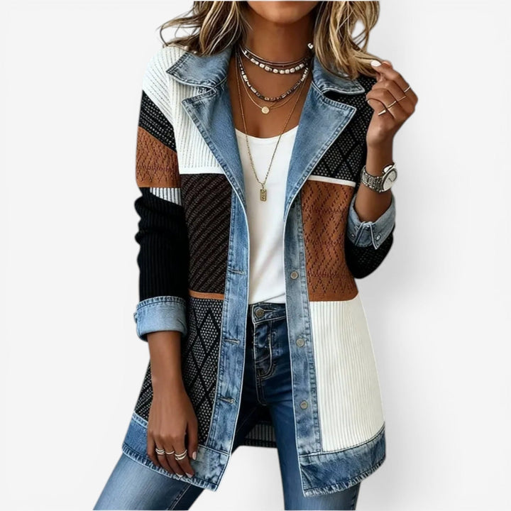 Veste en jean pour femme avec une finition en tricot pour l'automne, style décontracté