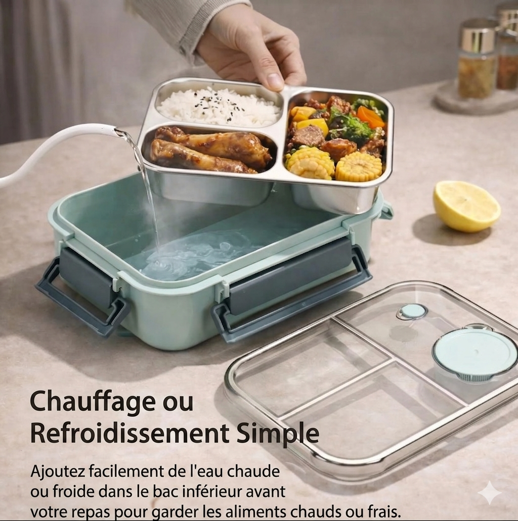 Boîte à repas en acier inoxydable à 3 compartiments, étanche et isotherme, pour le travail et l'école
