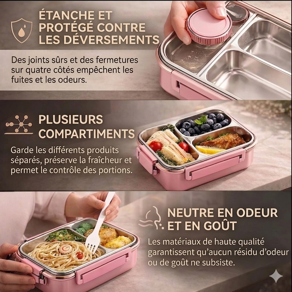 Boîte à repas en acier inoxydable à 3 compartiments, étanche et isotherme, pour le travail et l'école