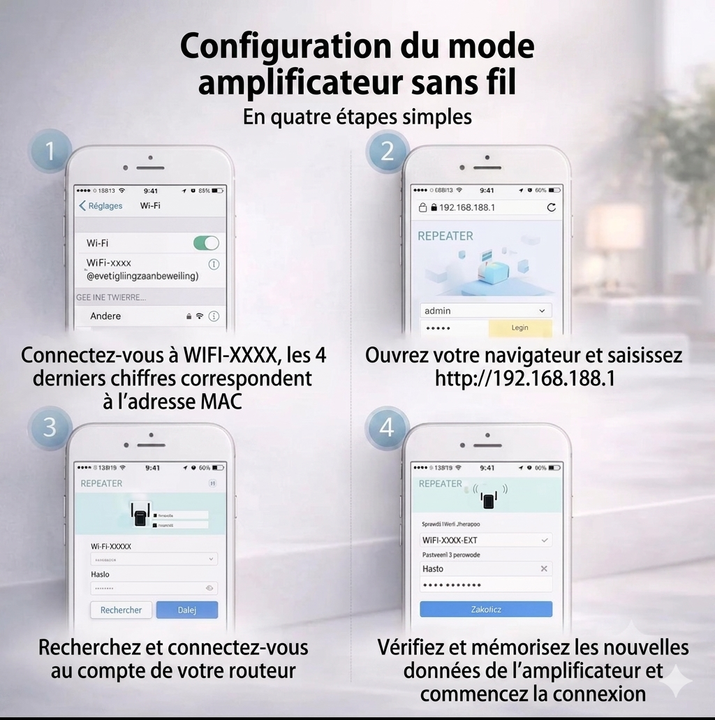 Amplificatore WiFi 300 Mbps 2,4 GHz per casa e ufficio, portata di 50 m, router e ripetitore AP