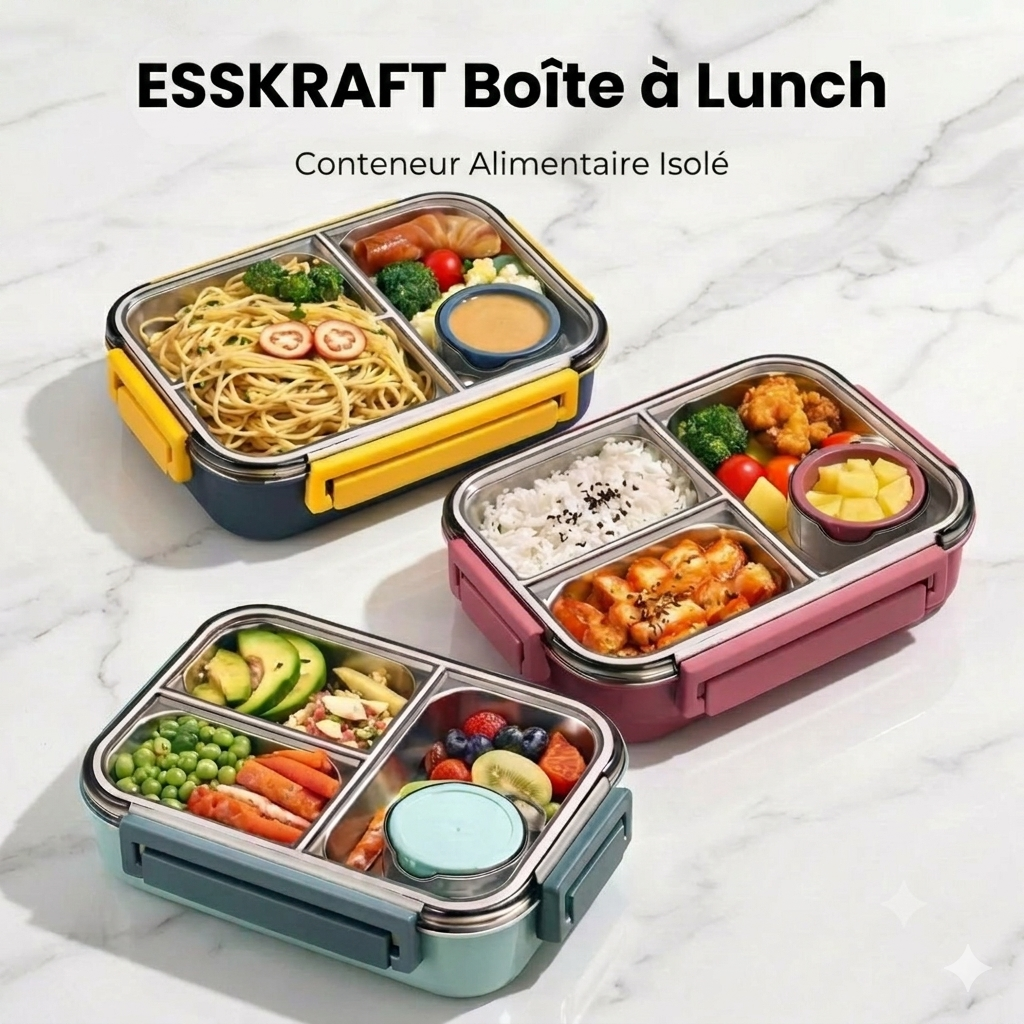 Boîte à repas en acier inoxydable à 3 compartiments, étanche et isotherme, pour le travail et l'école