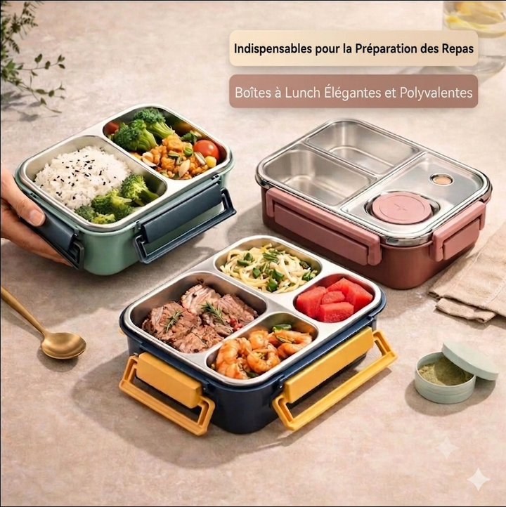 Boîte à repas en acier inoxydable à 3 compartiments, étanche et isotherme, pour le travail et l'école
