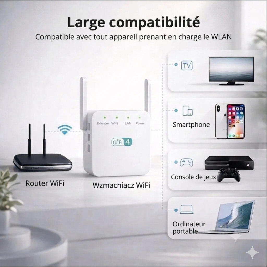 Amplificatore WiFi 300 Mbps 2,4 GHz per casa e ufficio, portata di 50 m, router e ripetitore AP
