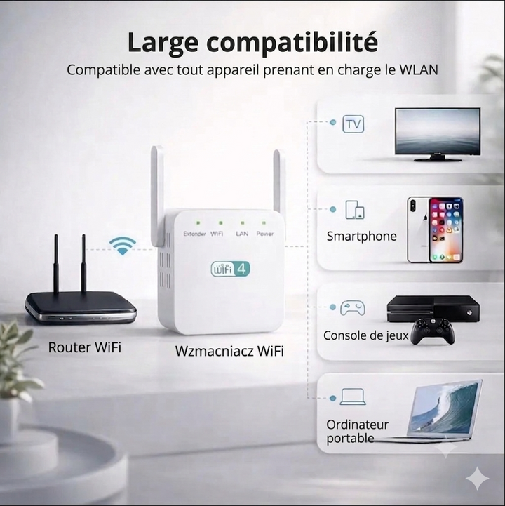 Amplificatore WiFi 300 Mbps 2,4 GHz per casa e ufficio, portata di 50 m, router e ripetitore AP