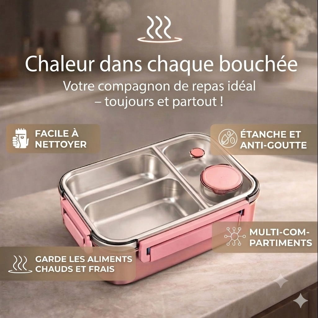 Boîte à repas en acier inoxydable à 3 compartiments, étanche et isotherme, pour le travail et l'école