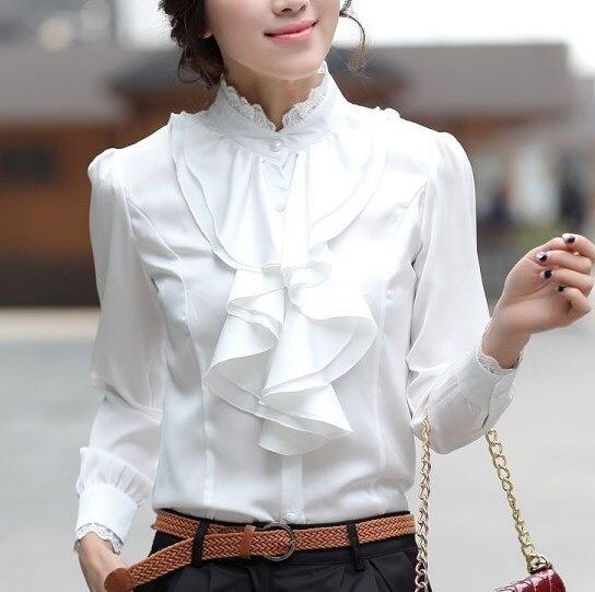 Julie - Bluză albă elegantă cu guler cu volănașe și mâneci lungi pentru un look șic