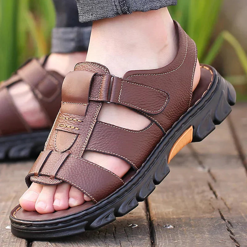Sandales en cuir pour homme avec semelle intérieure profilée et amortissante et sangle réglable