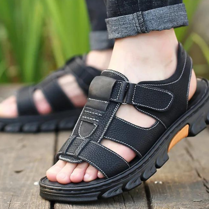 Sandales en cuir pour homme avec semelle intérieure profilée et amortissante et sangle réglable