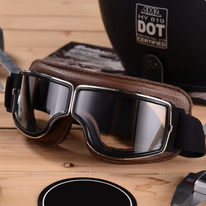 Luke - Lunettes de moto élégantes en cuir végétal vintage pour l'automne, pour elle et lui