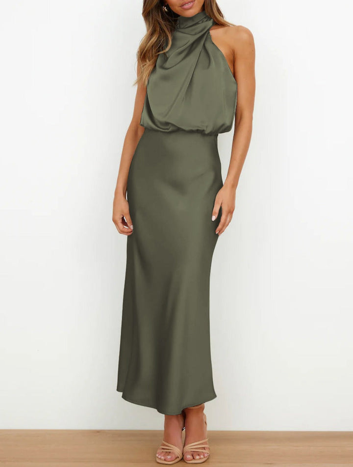 Abito lungo da donna in raso, senza maniche, elegante e dalla vestibilità fluida, per l’autunno
