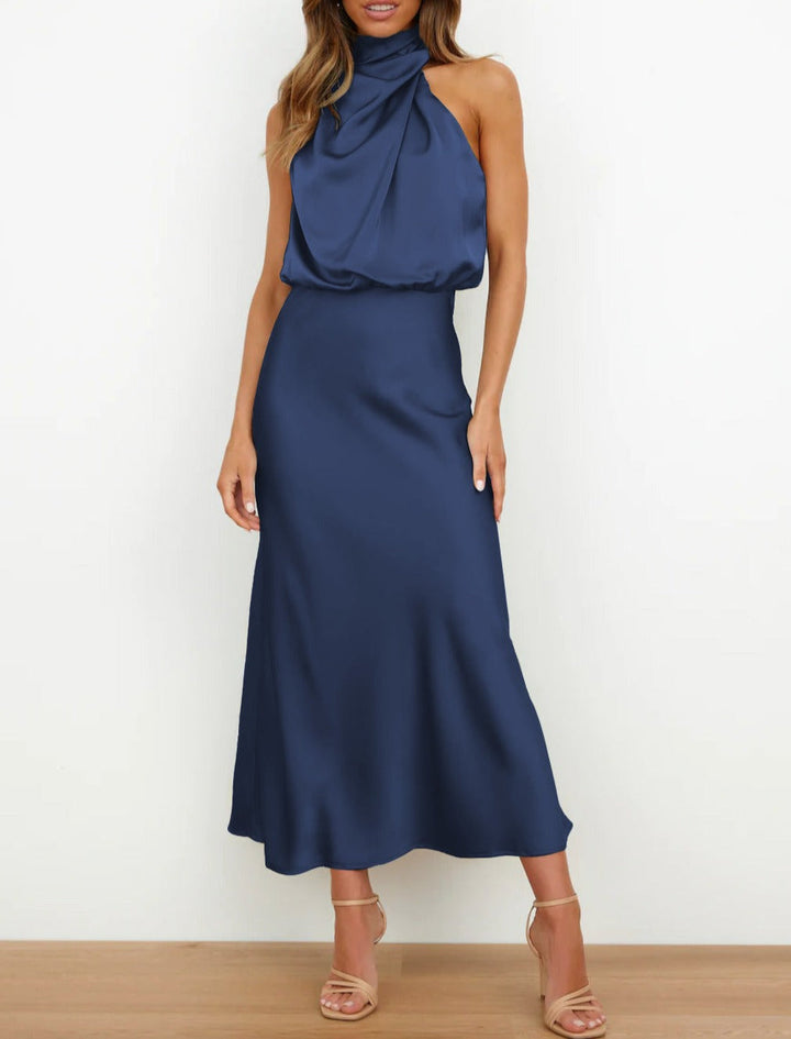 Abito lungo da donna in raso, senza maniche, elegante e dalla vestibilità fluida, per l’autunno