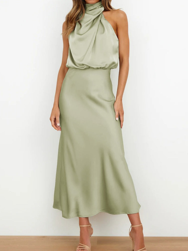 Abito lungo da donna in raso, senza maniche, elegante e dalla vestibilità fluida, per l’autunno