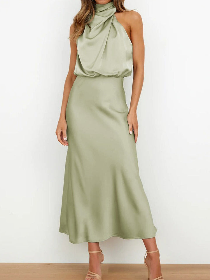 Abito lungo da donna in raso, senza maniche, elegante e dalla vestibilità fluida, per l’autunno