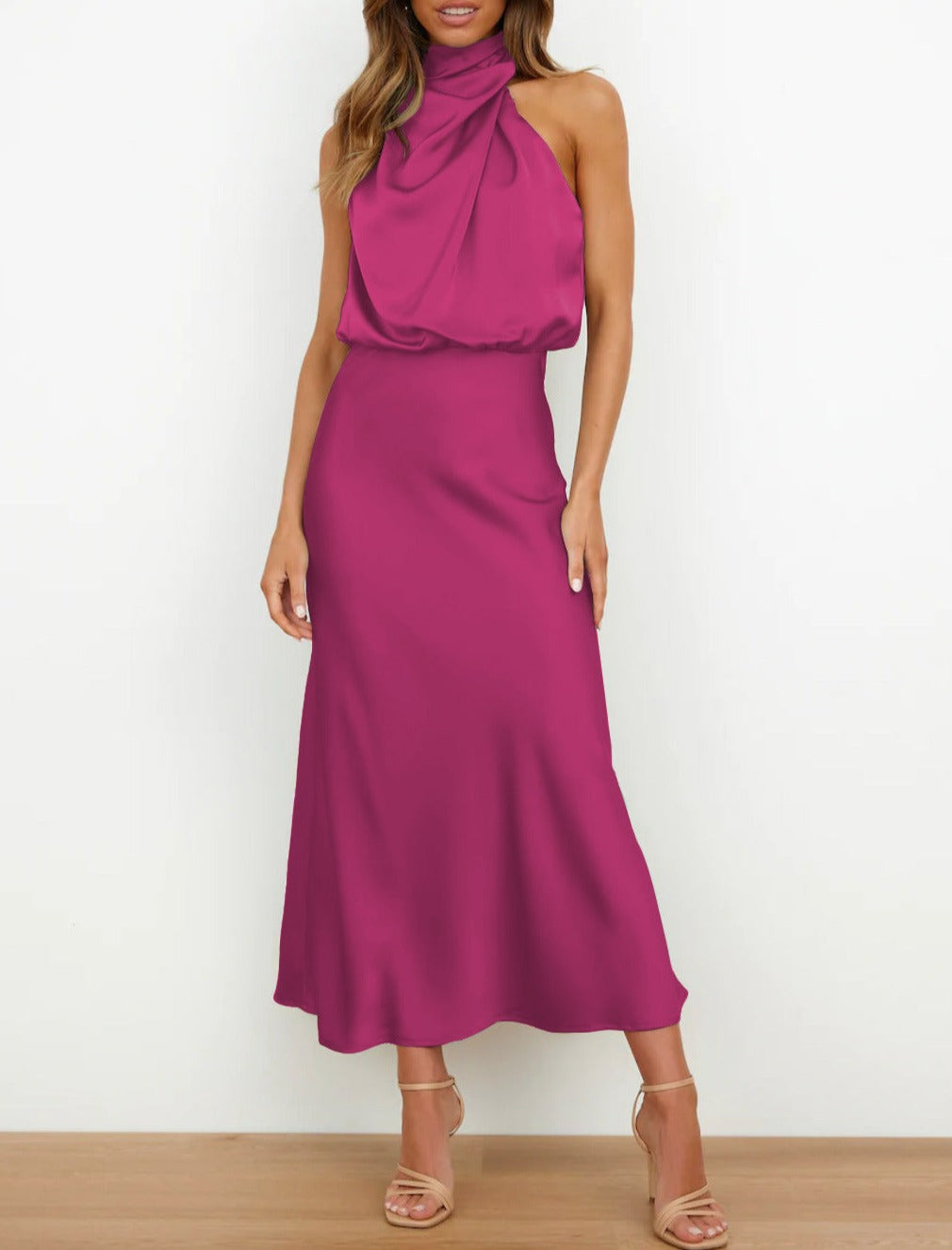 Abito lungo da donna in raso, senza maniche, elegante e dalla vestibilità fluida, per l’autunno
