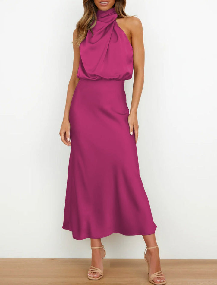 Abito lungo da donna in raso, senza maniche, elegante e dalla vestibilità fluida, per l’autunno