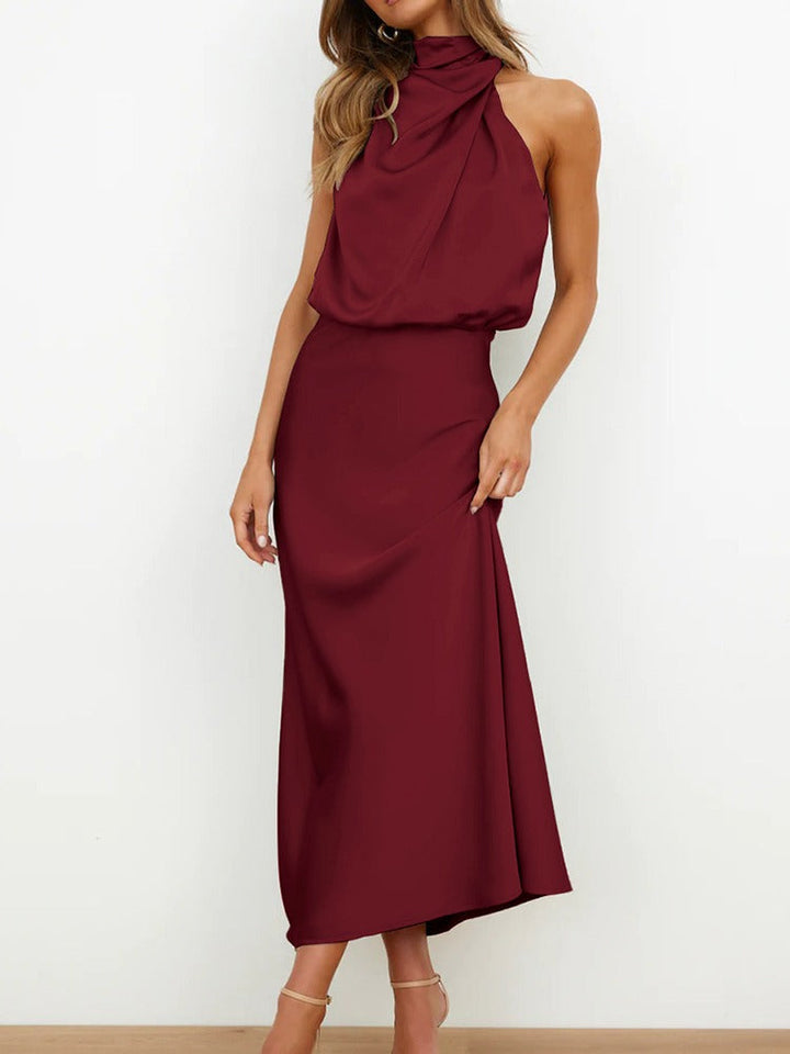 Abito lungo da donna in raso, senza maniche, elegante e dalla vestibilità fluida, per l’autunno