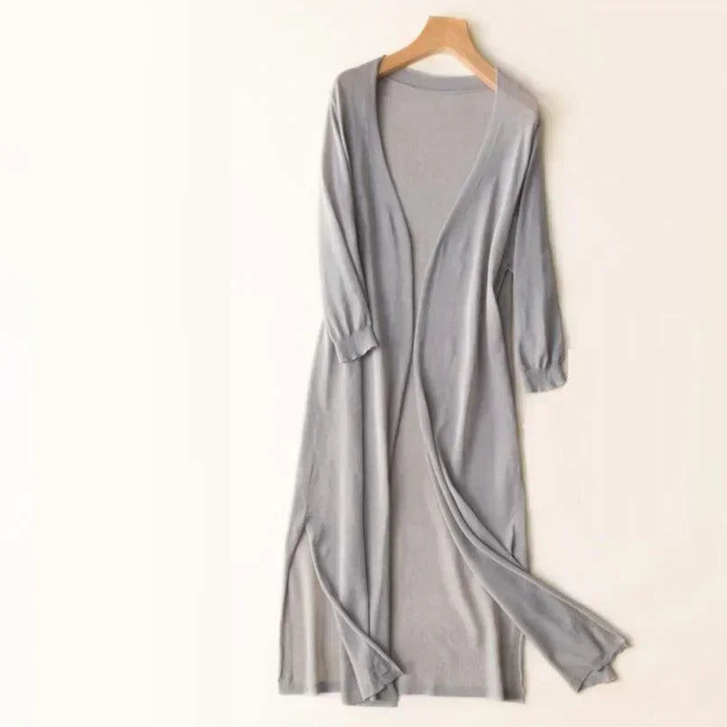 Cárdigan largo de punto para mujer, con mangas tres cuartos y parte delantera abierta, para otoño.