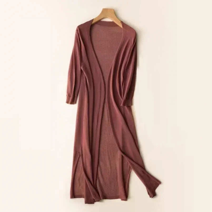 Cárdigan largo de punto para mujer, con mangas tres cuartos y parte delantera abierta, para otoño.