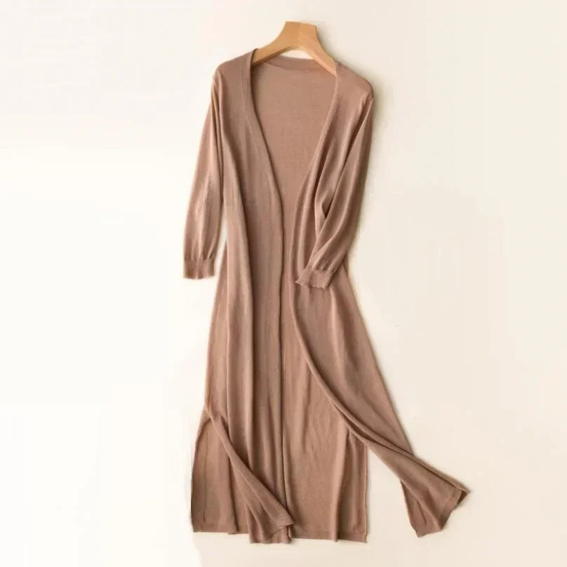 Cárdigan largo de punto para mujer, con mangas tres cuartos y parte delantera abierta, para otoño.