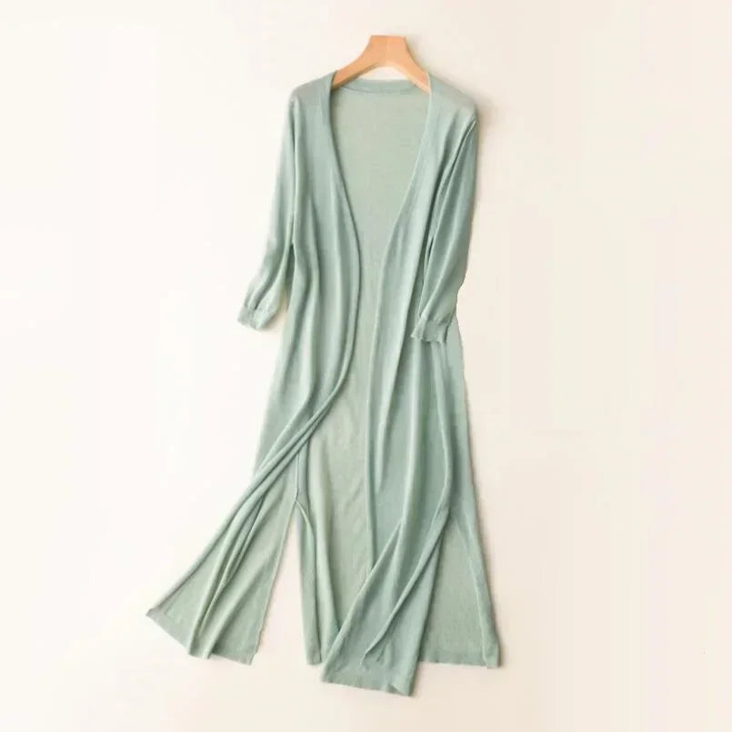 Cárdigan largo de punto para mujer, con mangas tres cuartos y parte delantera abierta, para otoño.