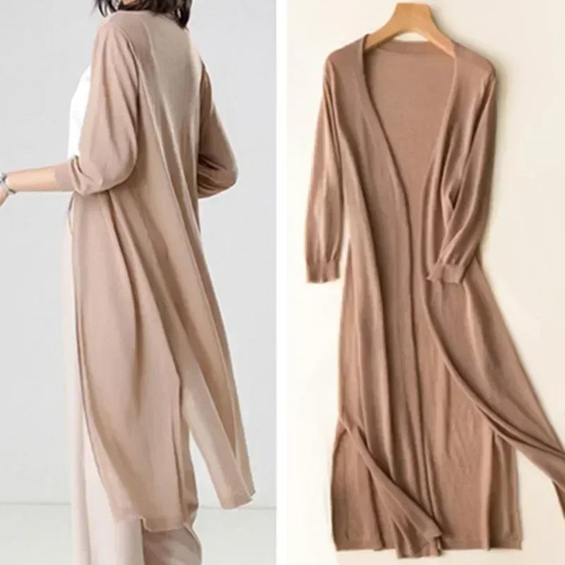 Cárdigan largo de punto para mujer, con mangas tres cuartos y parte delantera abierta, para otoño.