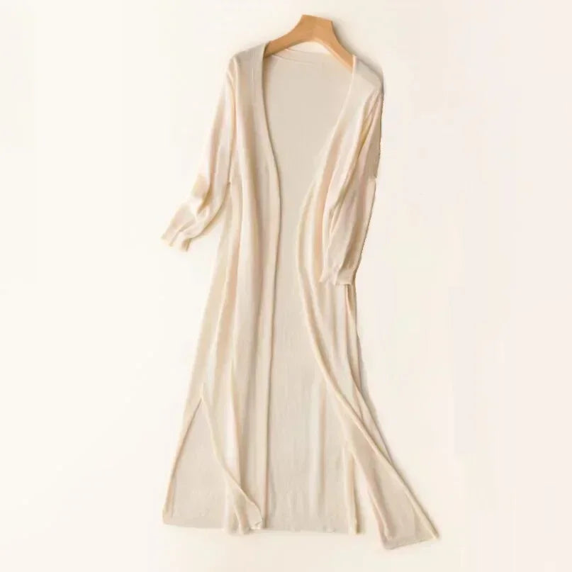 Cárdigan largo de punto para mujer, con mangas tres cuartos y parte delantera abierta, para otoño.