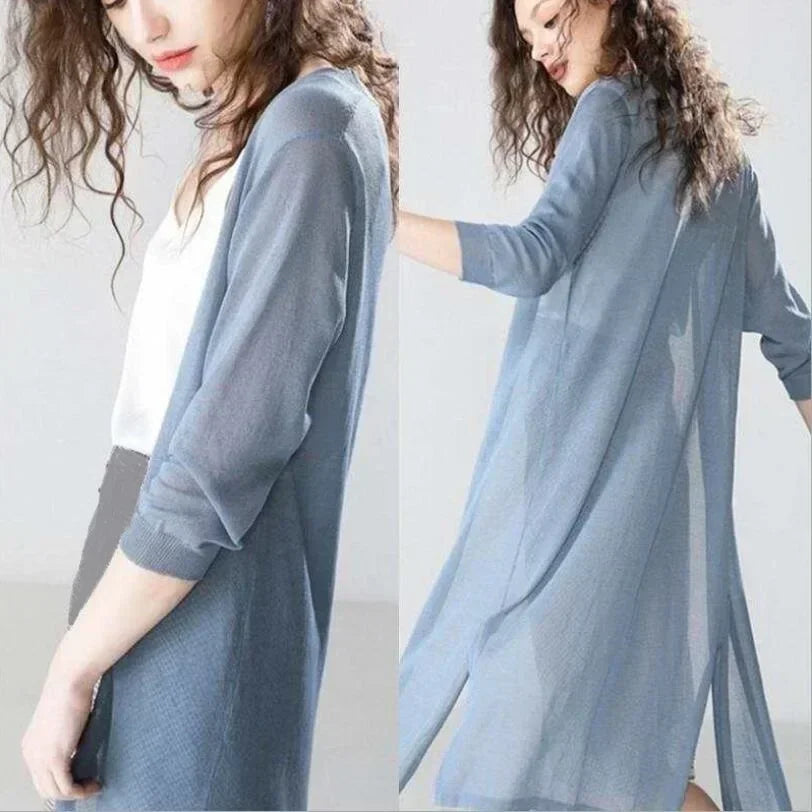 Cárdigan largo de punto para mujer, con mangas tres cuartos y parte delantera abierta, para otoño.