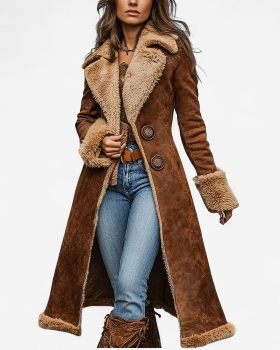 Manteau long femme effet daim doublé fausse fourrure, manteau d’hiver chaud style vintage