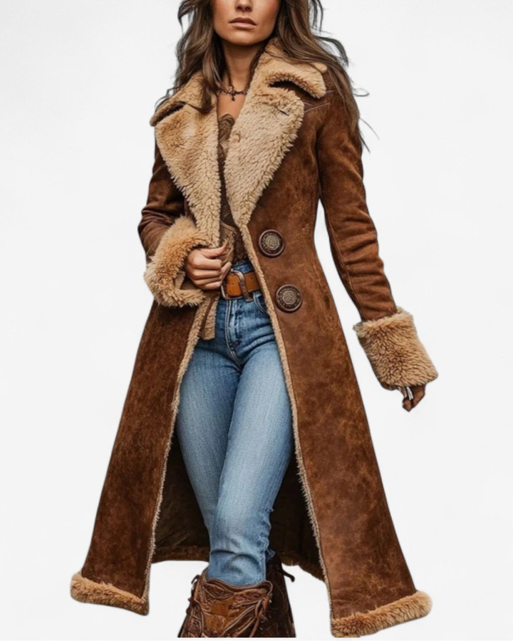 Manteau long femme effet daim doublé fausse fourrure, manteau d’hiver chaud style vintage