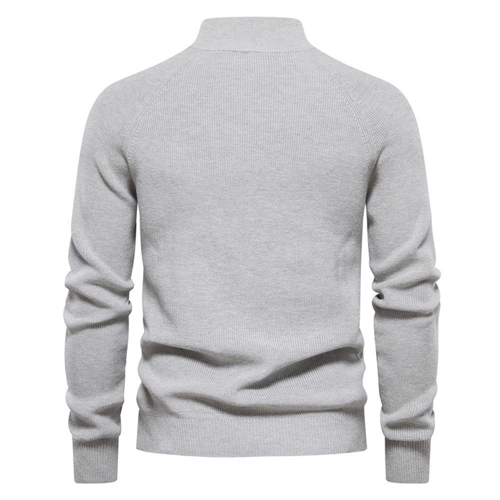 Men’s ribbed cotton sweater with a stand-up collar and zipper, for autumn