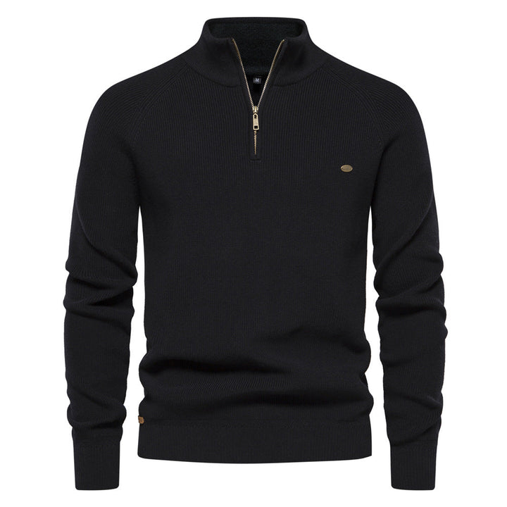 Men’s ribbed cotton sweater with a stand-up collar and zipper, for autumn