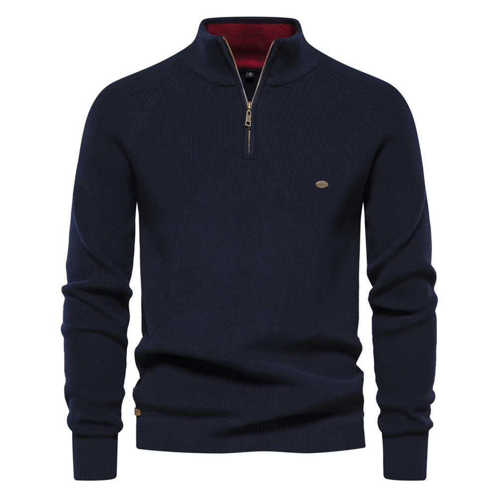Men’s ribbed cotton sweater with a stand-up collar and zipper, for autumn